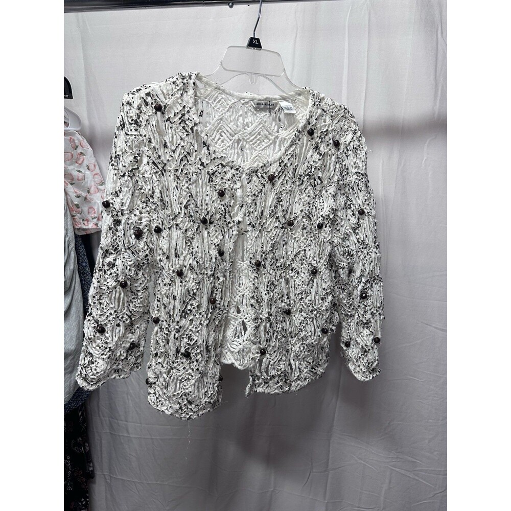 Laura Ashley Womens L White Cotton Beaded Crochet Cardigan Boho Cottagecore